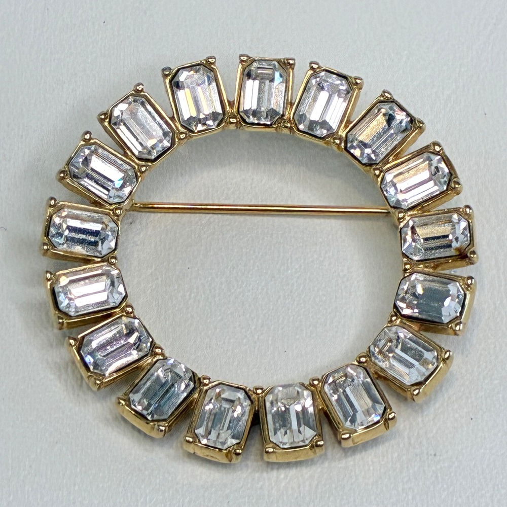 Vintage Monet Brooch Wreath Emerald Cut Clear Crystal Gold Tone Pin